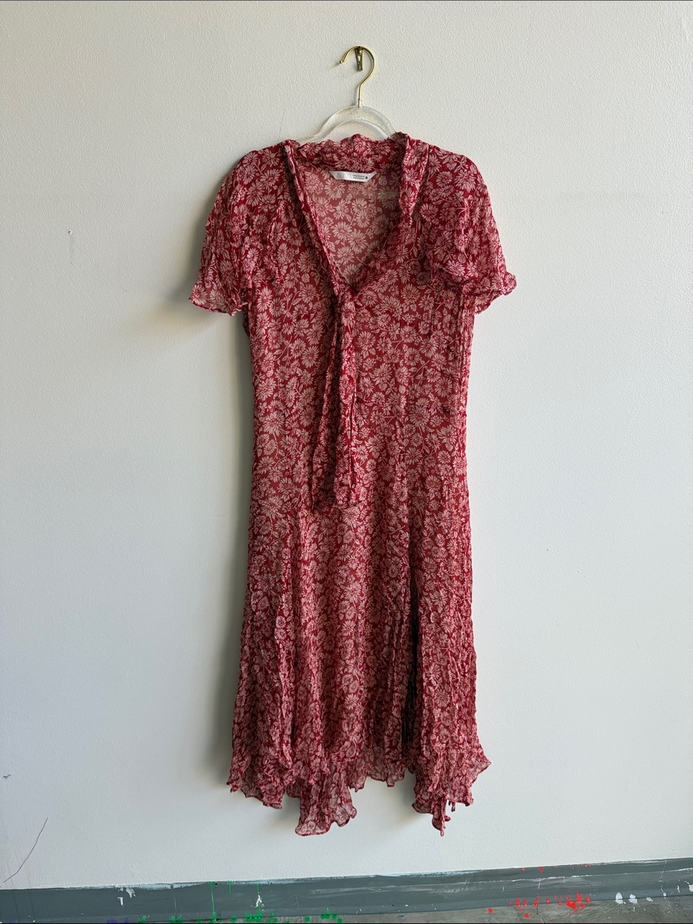 Zara Red Floral Midi Dress with Tie Neck